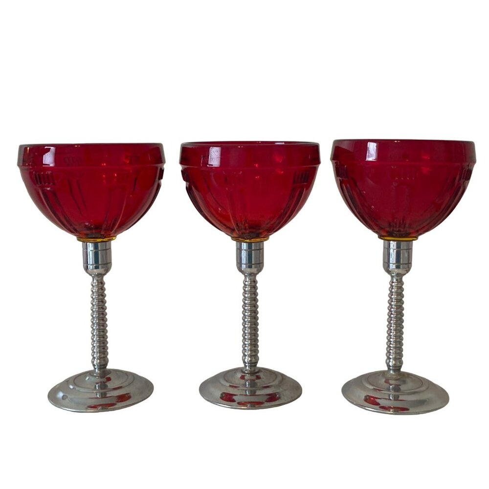 3 Vintage Ruby Red Glass Wine Goblet Glass Chrome Stem Replacement
